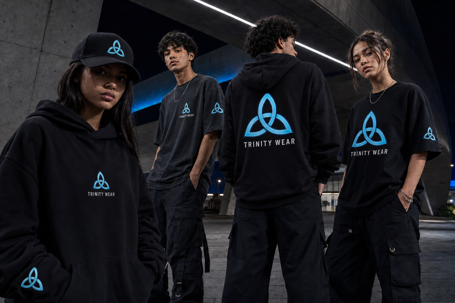 Models wearing black Trinity Wear streetwear