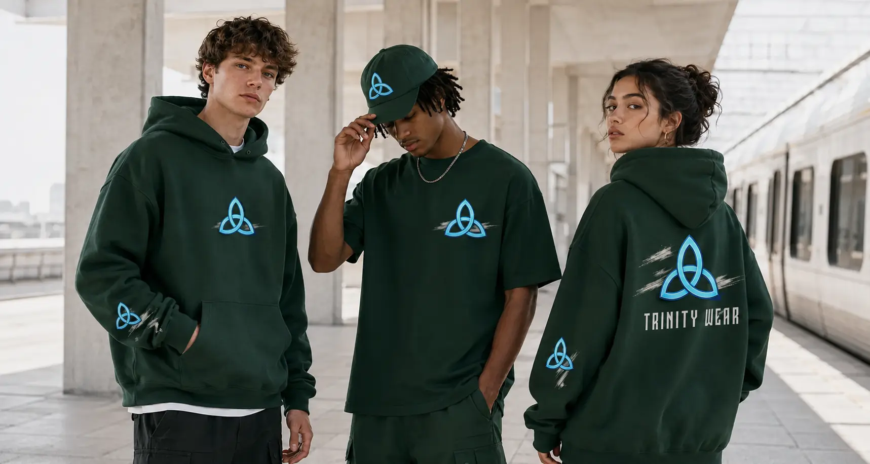 Models wearing the Trinity Wear forest green capsule