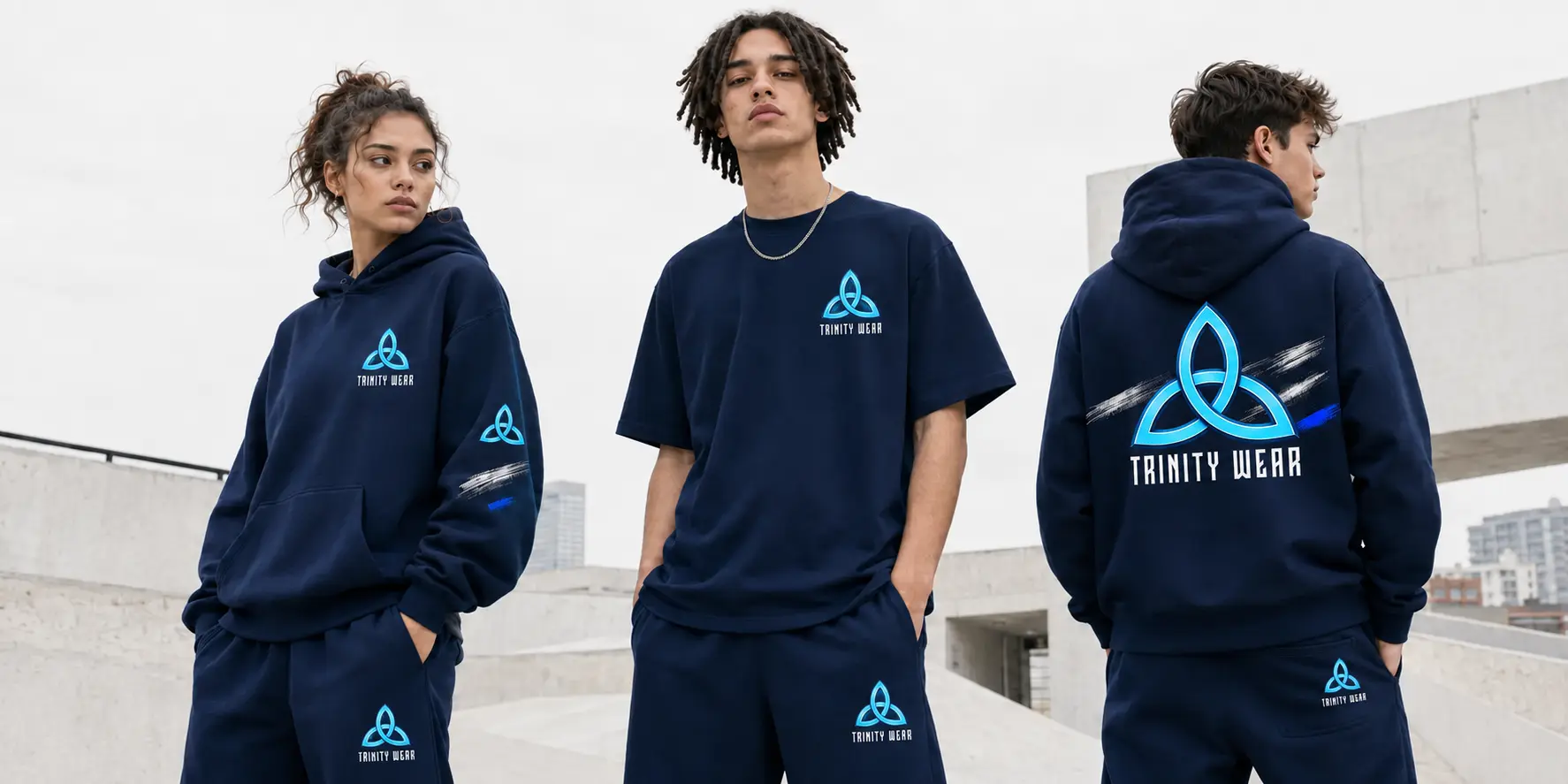 Models wearing the Trinity Wear deep navy capsule