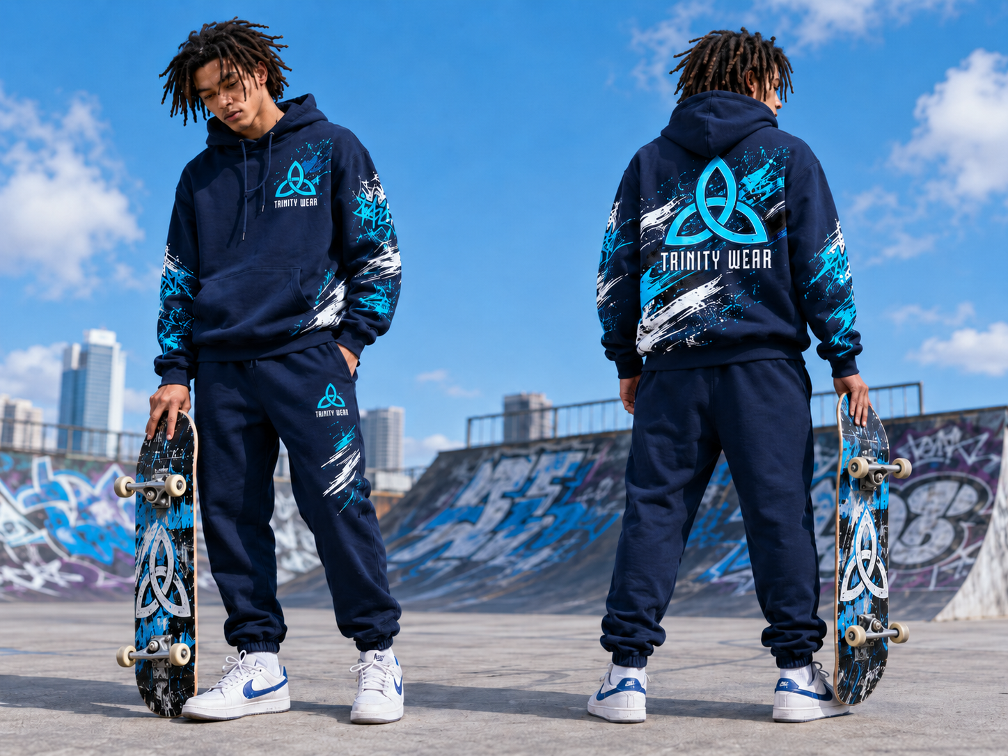 Front and back views of a skateboarder wearing the Trinity Wear Shred Line