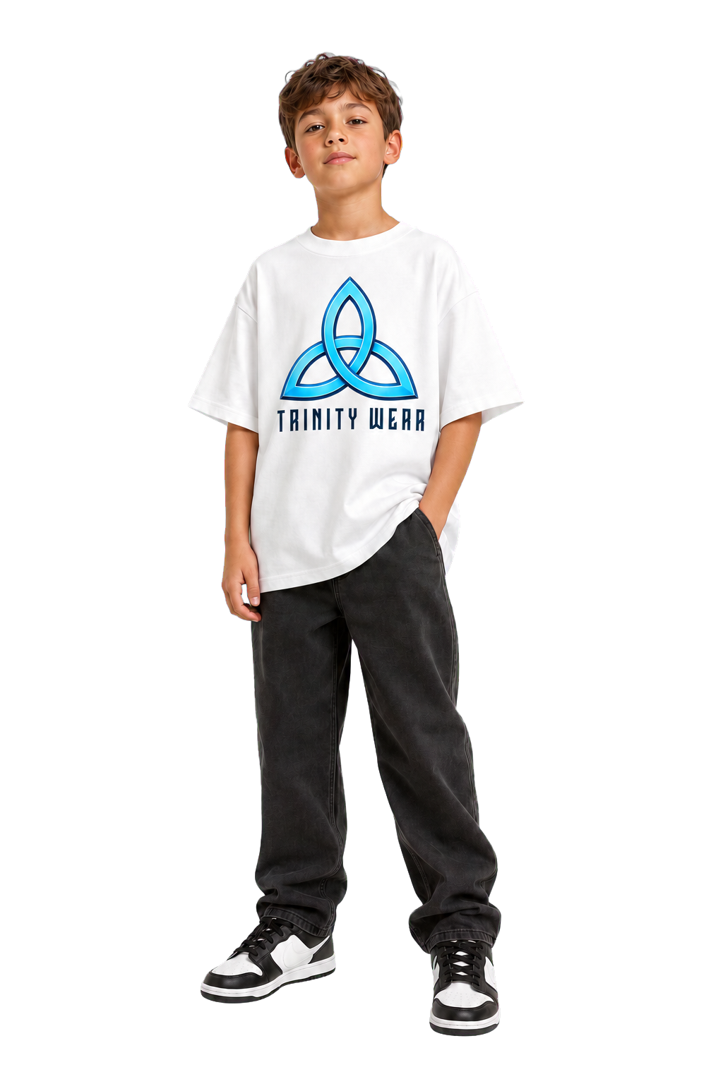 Kid wearing a white Trinity Wear T-shirt