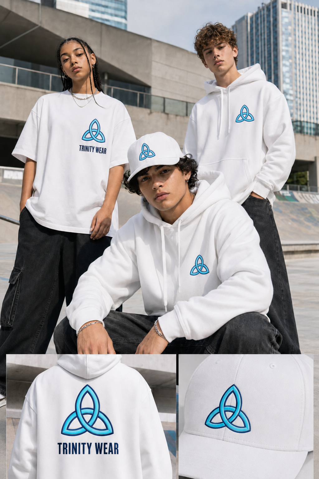 Models wearing white Trinity Wear hoodies and shirts